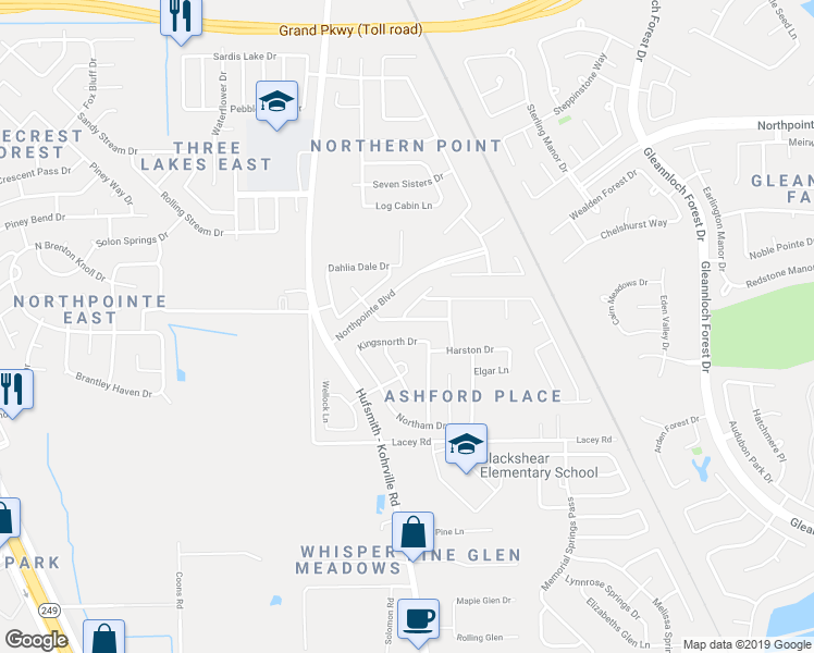 map of restaurants, bars, coffee shops, grocery stores, and more near 19043 Ashford Square Street in Tomball