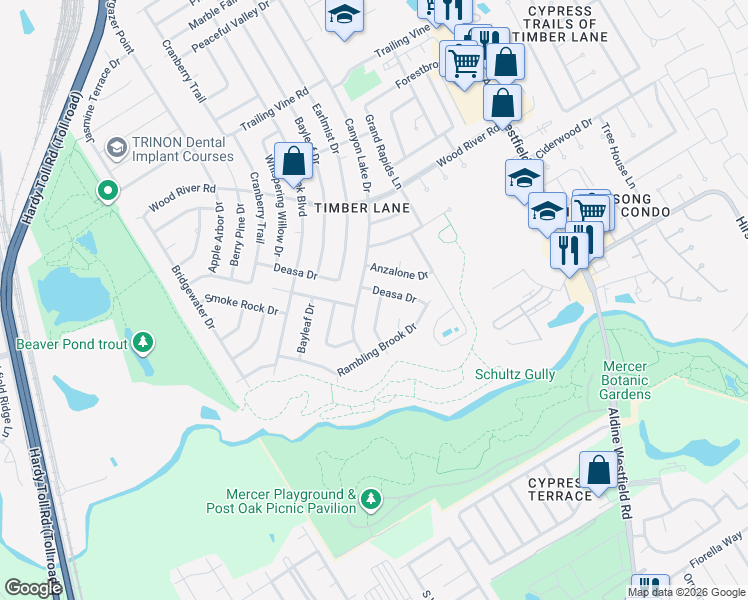 map of restaurants, bars, coffee shops, grocery stores, and more near 22822 Canyon Lake Drive in Spring