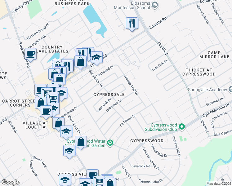 map of restaurants, bars, coffee shops, grocery stores, and more near 3915 Lost Oak Drive in Spring
