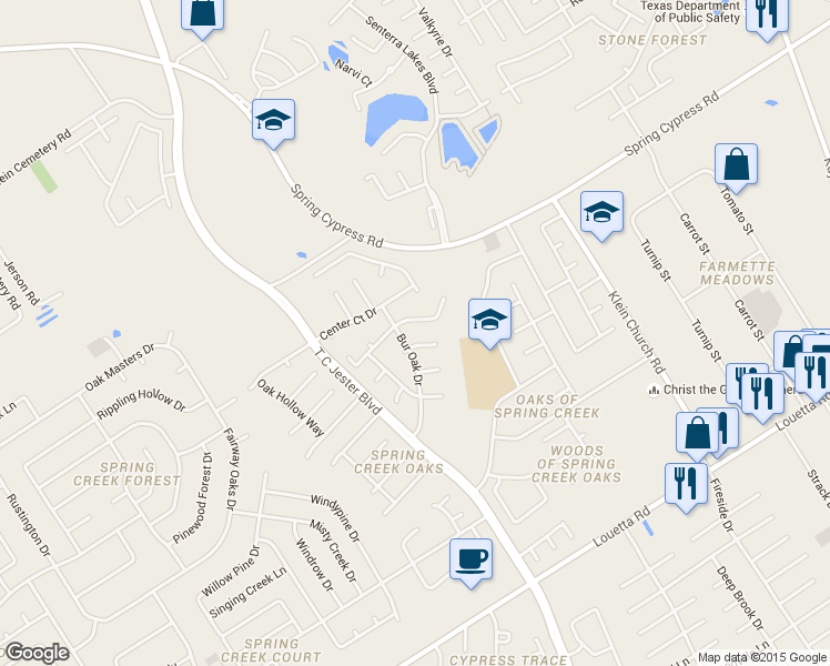 map of restaurants, bars, coffee shops, grocery stores, and more near 17111 Post Oak Hollow in Spring