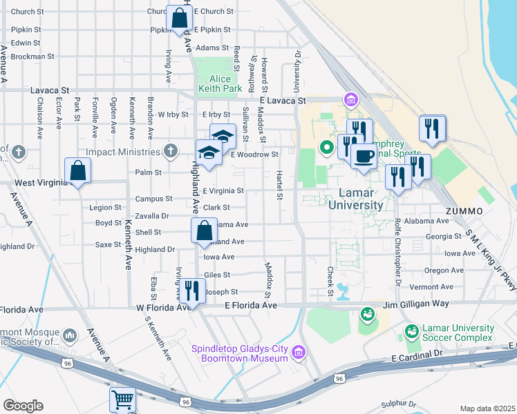 map of restaurants, bars, coffee shops, grocery stores, and more near 4640 Maddox Street in Beaumont