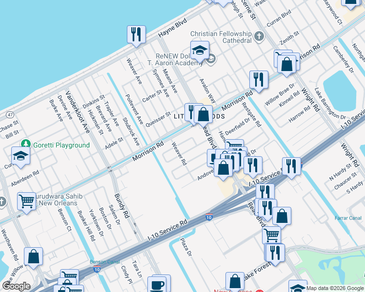 map of restaurants, bars, coffee shops, grocery stores, and more near 9961 East Rockton Circle in New Orleans