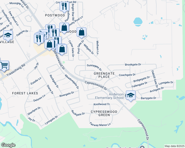 map of restaurants, bars, coffee shops, grocery stores, and more near 22402 Bellgate Court in Spring