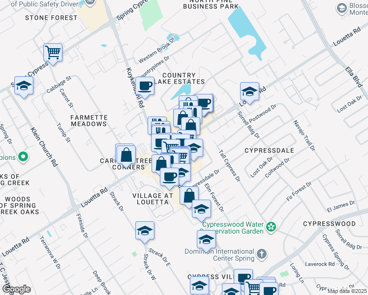 map of restaurants, bars, coffee shops, grocery stores, and more near 4747 Louetta Road in Spring