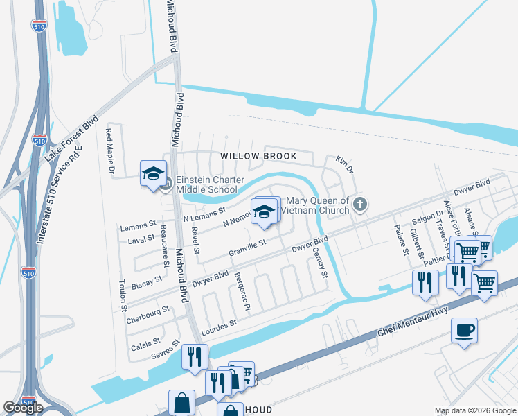 map of restaurants, bars, coffee shops, grocery stores, and more near 58140 North Nemours Street in New Orleans