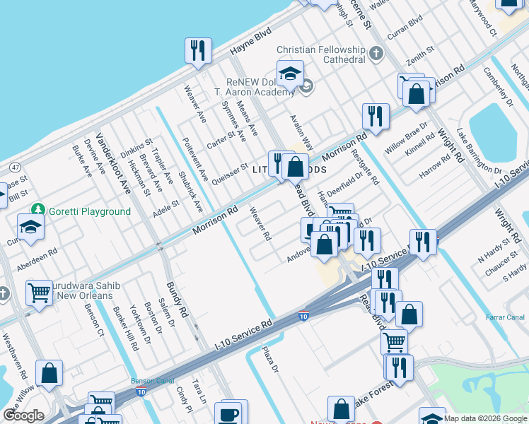 map of restaurants, bars, coffee shops, grocery stores, and more near 9961 East Rockton Circle in New Orleans