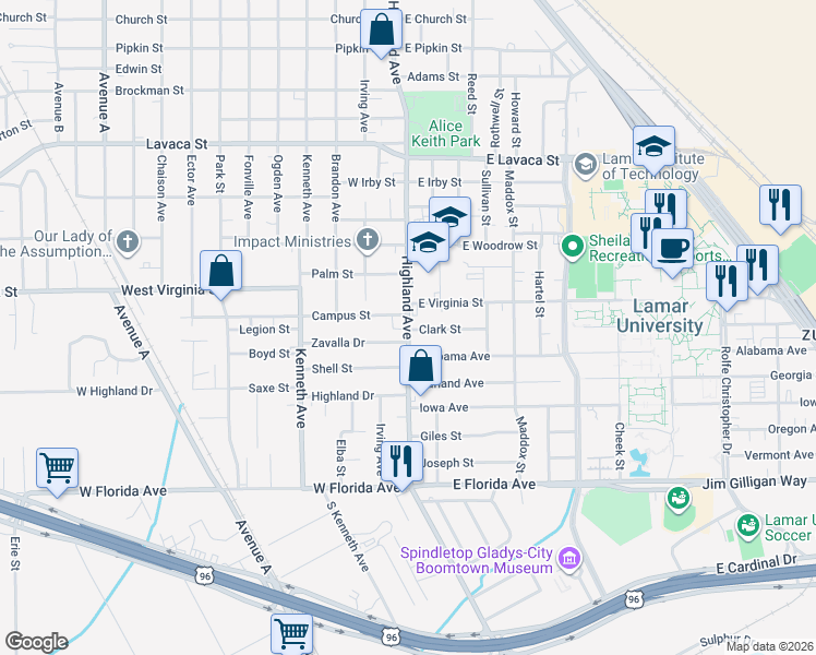 map of restaurants, bars, coffee shops, grocery stores, and more near 545 Zavalla Drive in Beaumont
