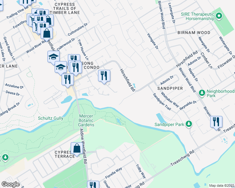 map of restaurants, bars, coffee shops, grocery stores, and more near 3030 Hirschfield Road in Spring