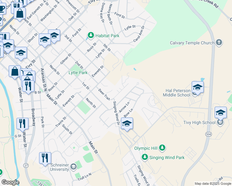 map of restaurants, bars, coffee shops, grocery stores, and more near 709 Smokey Mountain Drive in Kerrville