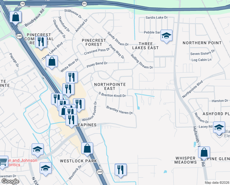 map of restaurants, bars, coffee shops, grocery stores, and more near 19206 Poplar Trails Lane in Tomball