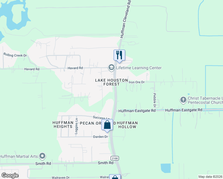 map of restaurants, bars, coffee shops, grocery stores, and more near 25419 Farm to Market 2100 in Huffman