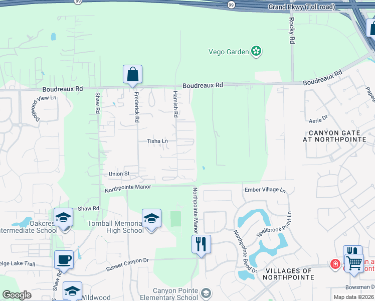 map of restaurants, bars, coffee shops, grocery stores, and more near 18914 Hamish Road in Tomball