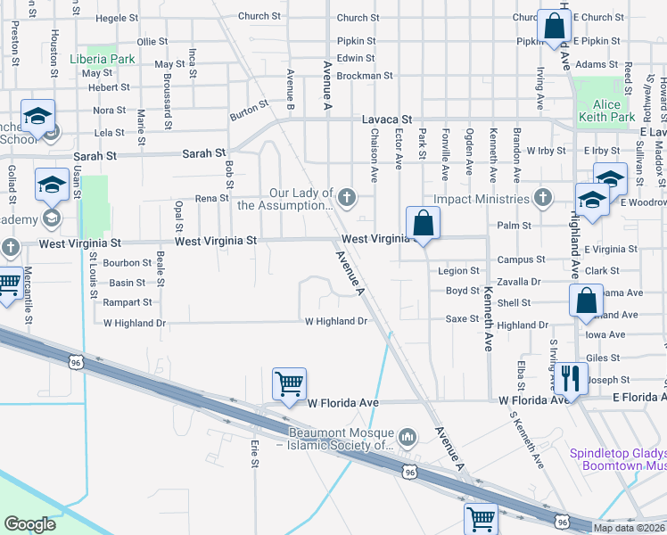 map of restaurants, bars, coffee shops, grocery stores, and more near 4730 Avenue A in Beaumont