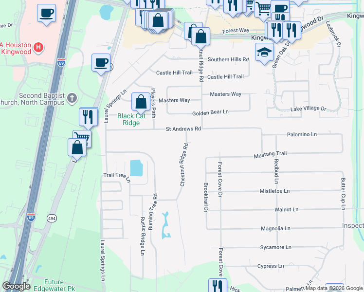 map of restaurants, bars, coffee shops, grocery stores, and more near 1703 Chestnut Ridge Road in Humble