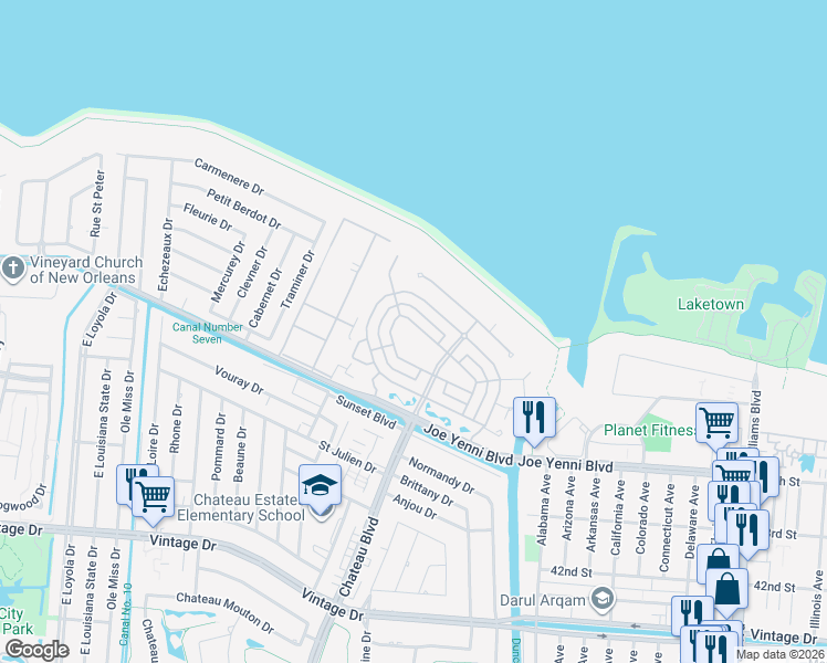 map of restaurants, bars, coffee shops, grocery stores, and more near 6 Cycas in Kenner