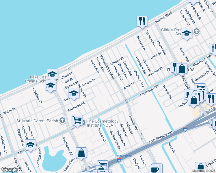 map of restaurants, bars, coffee shops, grocery stores, and more near 7530 Burke Avenue in New Orleans