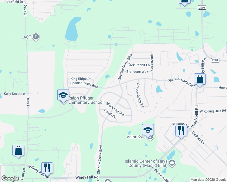 map of restaurants, bars, coffee shops, grocery stores, and more near 154 Desert Springs Cove in Buda