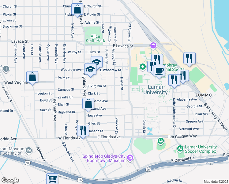 map of restaurants, bars, coffee shops, grocery stores, and more near Maddox Street in Beaumont
