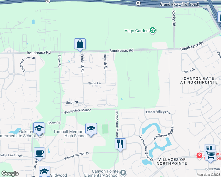 map of restaurants, bars, coffee shops, grocery stores, and more near 18914 Hamish Road in Tomball