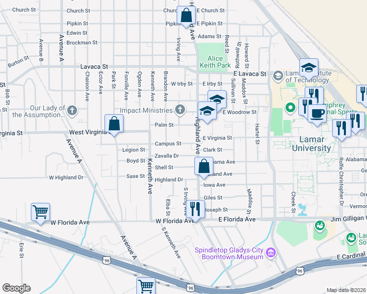 map of restaurants, bars, coffee shops, grocery stores, and more near 545 Zavalla Drive in Beaumont