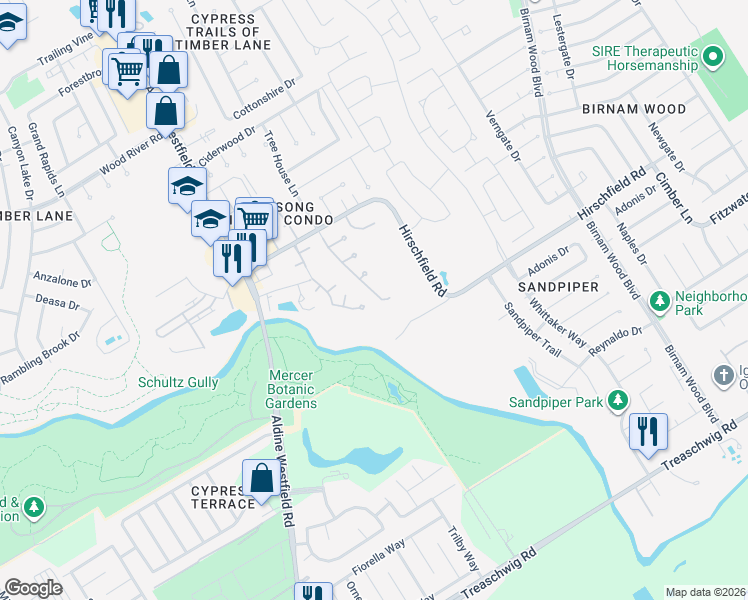 map of restaurants, bars, coffee shops, grocery stores, and more near 22311 Tree House Lane in Spring