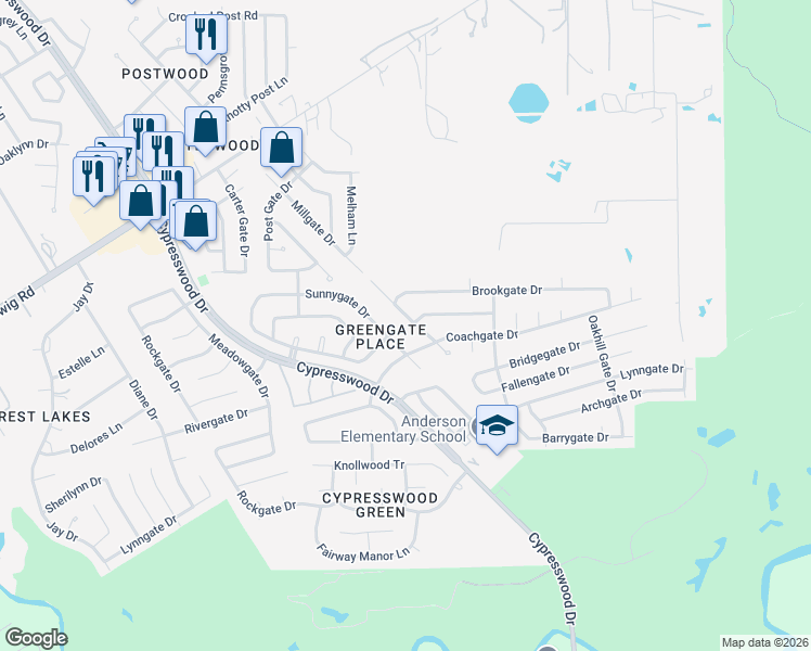 map of restaurants, bars, coffee shops, grocery stores, and more near 6031 Coachgate Drive in Spring