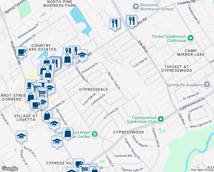 map of restaurants, bars, coffee shops, grocery stores, and more near Lost Oak Drive in Harris County