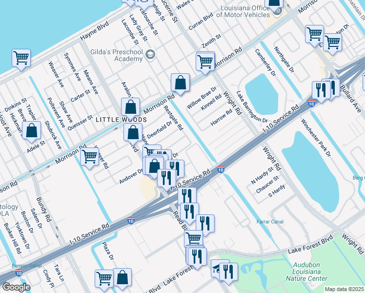 map of restaurants, bars, coffee shops, grocery stores, and more near 10321 Plainfield Drive in New Orleans