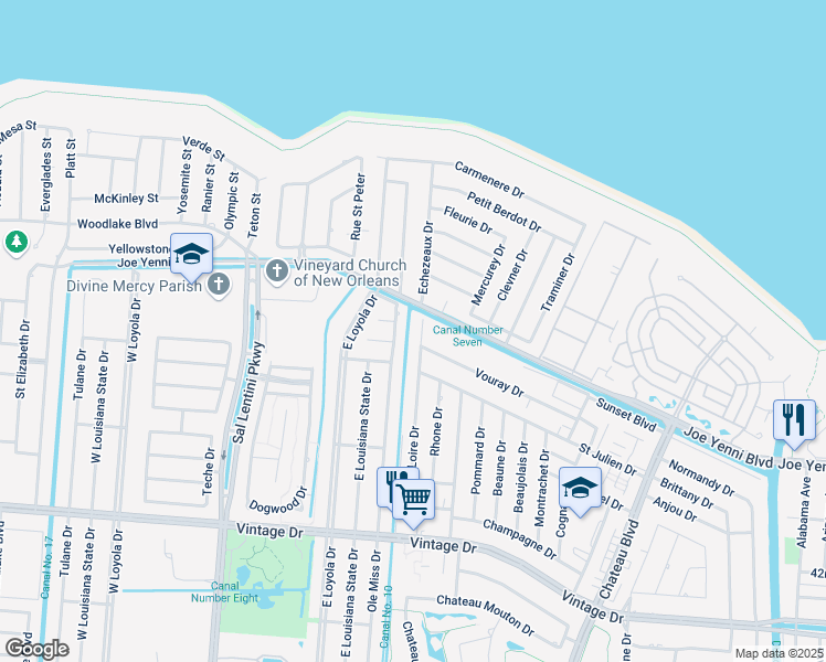 map of restaurants, bars, coffee shops, grocery stores, and more near 4317c Loire Drive in Kenner