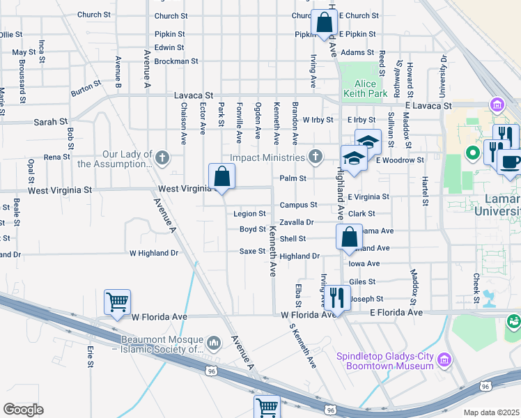 map of restaurants, bars, coffee shops, grocery stores, and more near 885 Legion Street in Beaumont