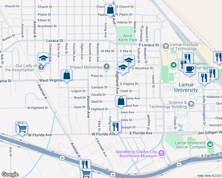 map of restaurants, bars, coffee shops, grocery stores, and more near 545 Zavalla Drive in Beaumont