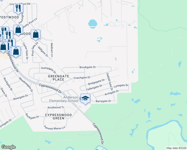 map of restaurants, bars, coffee shops, grocery stores, and more near 6507 Bridgegate Drive in Spring