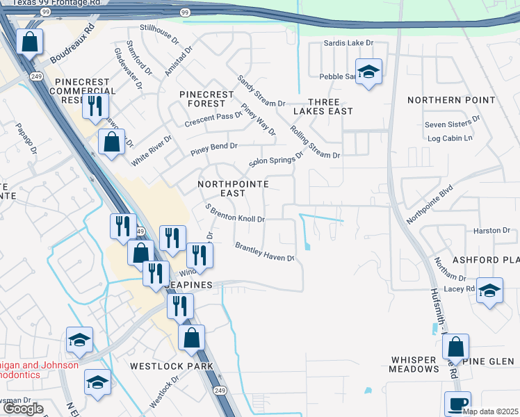 map of restaurants, bars, coffee shops, grocery stores, and more near 19122 Poplar Trails Lane in Tomball
