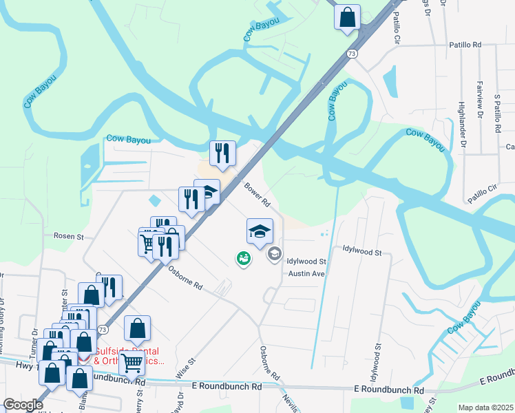 map of restaurants, bars, coffee shops, grocery stores, and more near 200 Bower Road in Bridge City