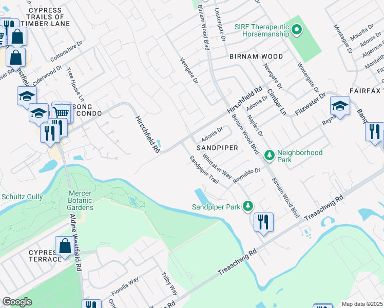 map of restaurants, bars, coffee shops, grocery stores, and more near 23324 Sandpiper Trail in Spring