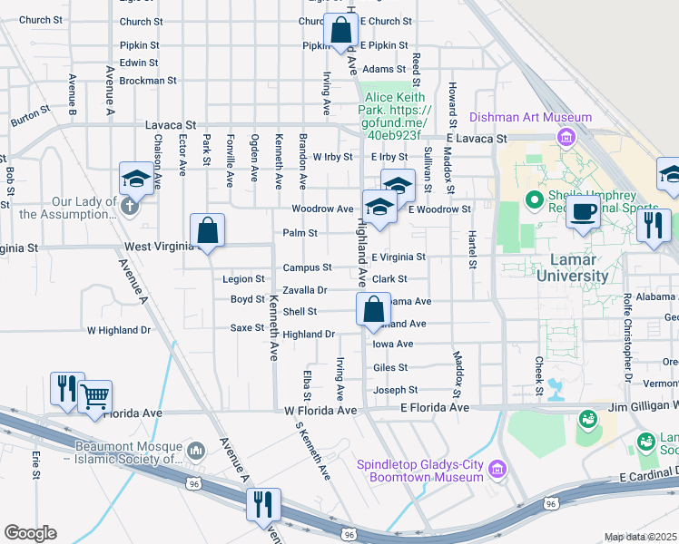 map of restaurants, bars, coffee shops, grocery stores, and more near 545 Zavalla Drive in Beaumont