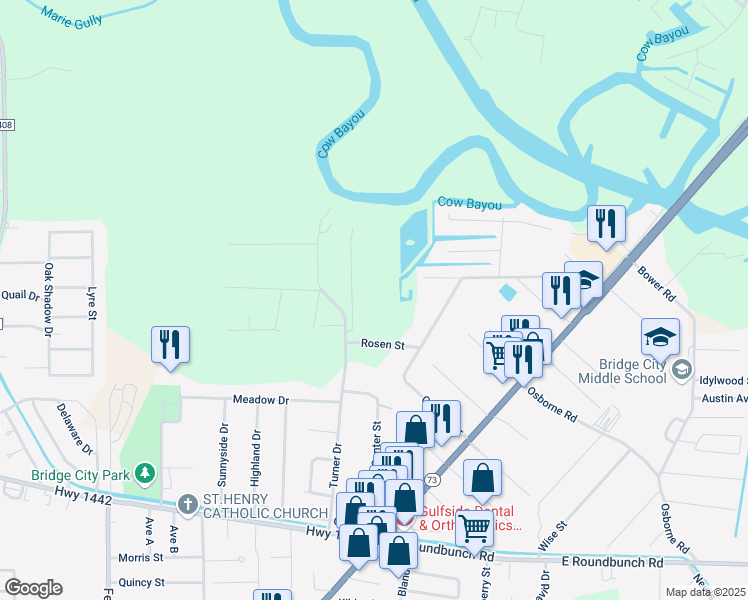 map of restaurants, bars, coffee shops, grocery stores, and more near 190 Farm Drive in Bridge City