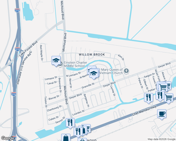 map of restaurants, bars, coffee shops, grocery stores, and more near 5444 Grand Bayou Drive in New Orleans