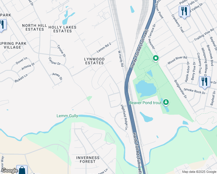 map of restaurants, bars, coffee shops, grocery stores, and more near 1422 Reno Ridge Lane in Spring