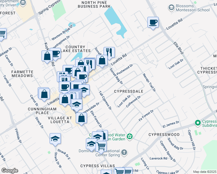 map of restaurants, bars, coffee shops, grocery stores, and more near 4034 Broken Elm Drive in Spring