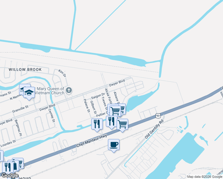 map of restaurants, bars, coffee shops, grocery stores, and more near 14430 Dwyer Boulevard in New Orleans
