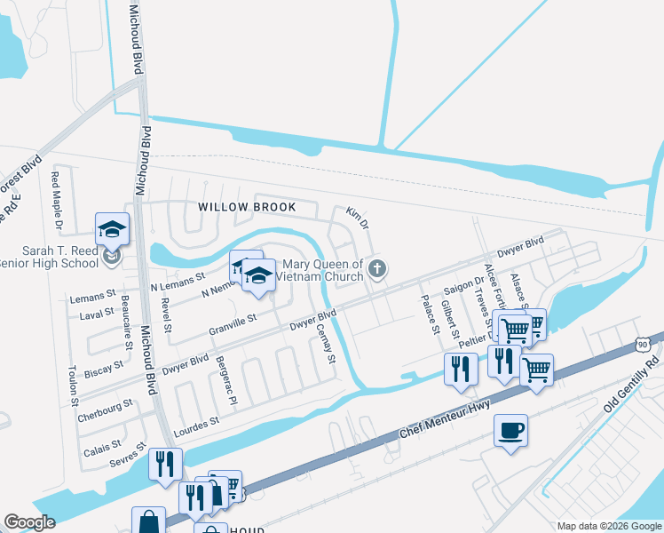 map of restaurants, bars, coffee shops, grocery stores, and more near 5100 Willowbrook Drive in New Orleans