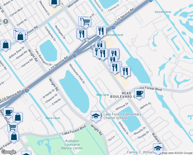 map of restaurants, bars, coffee shops, grocery stores, and more near 5867 Louis Prima Drive East in New Orleans