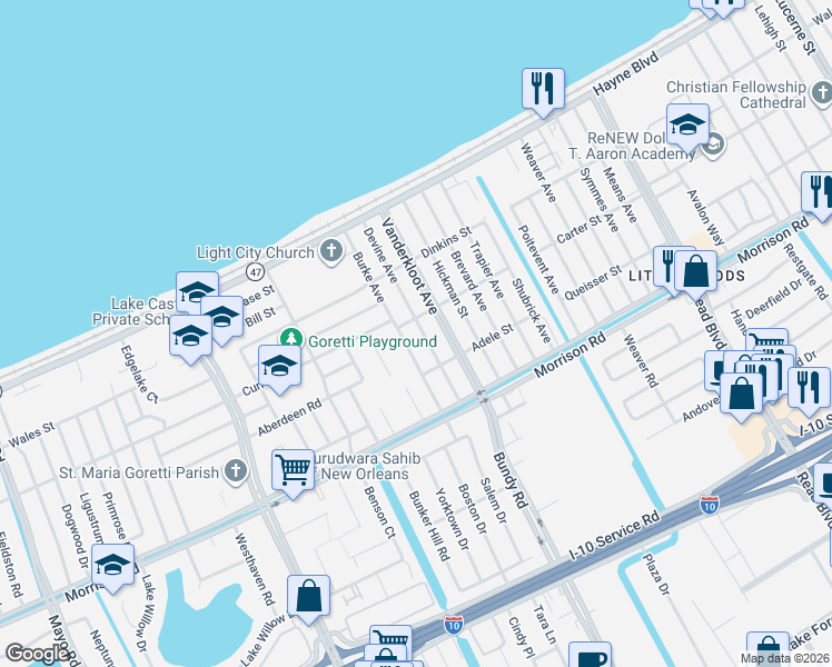 map of restaurants, bars, coffee shops, grocery stores, and more near 7710 Devine Avenue in New Orleans