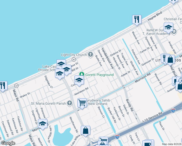 map of restaurants, bars, coffee shops, grocery stores, and more near 8822 Dinkins Street in New Orleans