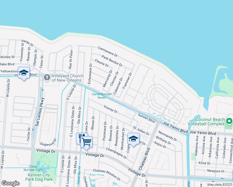 map of restaurants, bars, coffee shops, grocery stores, and more near 16 Cabernet Drive in Kenner