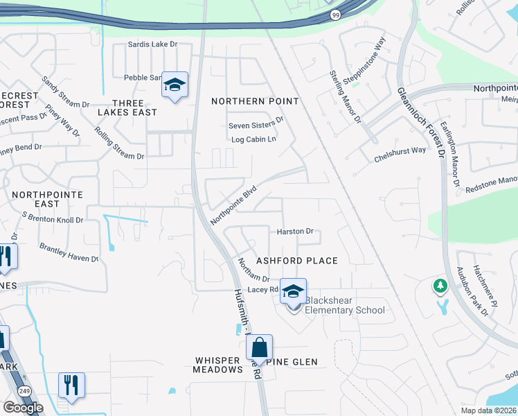 map of restaurants, bars, coffee shops, grocery stores, and more near 19223 Bay Laurel Court in Tomball
