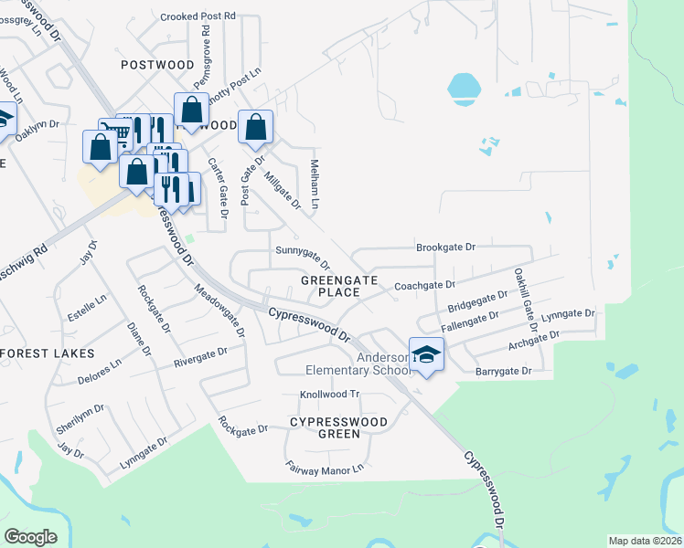 map of restaurants, bars, coffee shops, grocery stores, and more near 22542 Millgate Drive in Spring