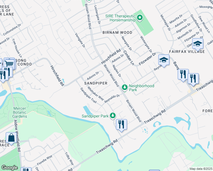 map of restaurants, bars, coffee shops, grocery stores, and more near 4111 Fitzwater Drive in Spring
