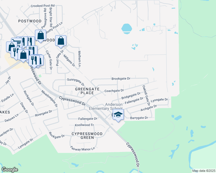 map of restaurants, bars, coffee shops, grocery stores, and more near 6306 Rustygate Drive in Spring
